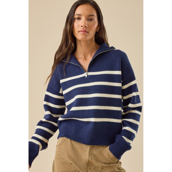 Altar'd State Sweaters - Altar'd State Navy‎ Cream Striped Quarter Zip Sweater Mock Neck Size Large